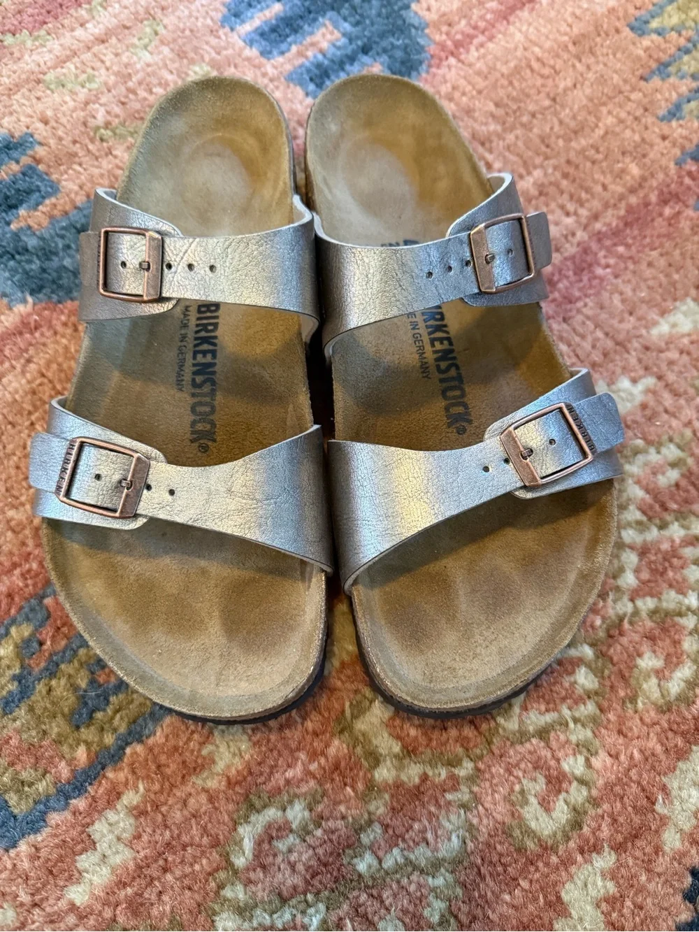 EUC Birkenstock Women’s Sydney Double-Strap Sandals in Metallic Brown.
